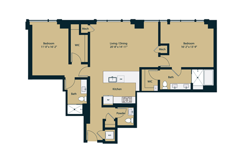 Floor plan for 2 beds, 2.5 baths, 1428 sqft